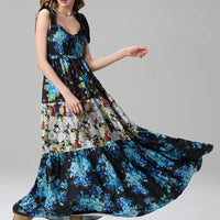 Boho Beach Hut Beach Dress, Chic Dress, Boho Dress, Summer Dress, Sun Dress, maxi dress, floral dress, sleeveless dress Vintage Floral Ribbon Tie Maxi Dress Bright Blue / S