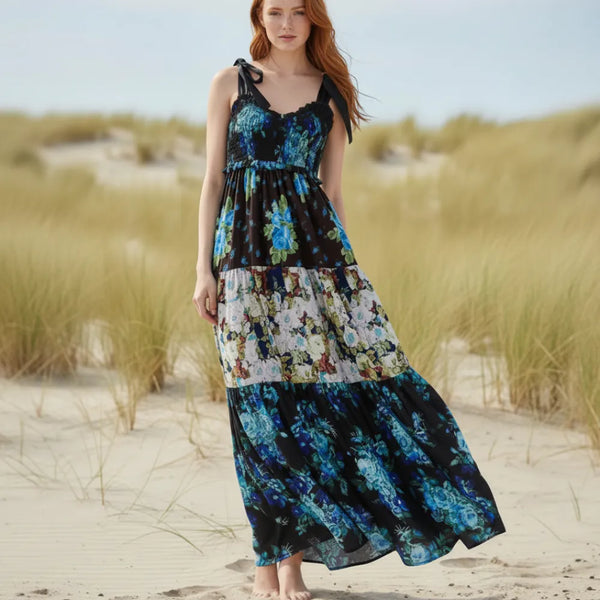 Boho Beach Hut Beach Dress, Chic Dress, Boho Dress, Summer Dress, Sun Dress, maxi dress, floral dress, sleeveless dress Vintage Floral Ribbon Tie Maxi Dress Bright Blue / S