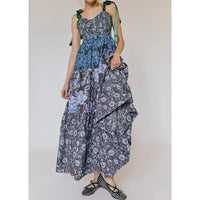 Boho Beach Hut Beach Dress, Chic Dress, Boho Dress, Summer Dress, Sun Dress, maxi dress, floral dress, sleeveless dress Vintage Floral Ribbon Tie Maxi Dress Dark Blue / S