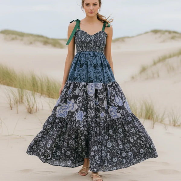 Boho Beach Hut Beach Dress, Chic Dress, Boho Dress, Summer Dress, Sun Dress, maxi dress, floral dress, sleeveless dress Vintage Floral Ribbon Tie Maxi Dress Dark Blue / S