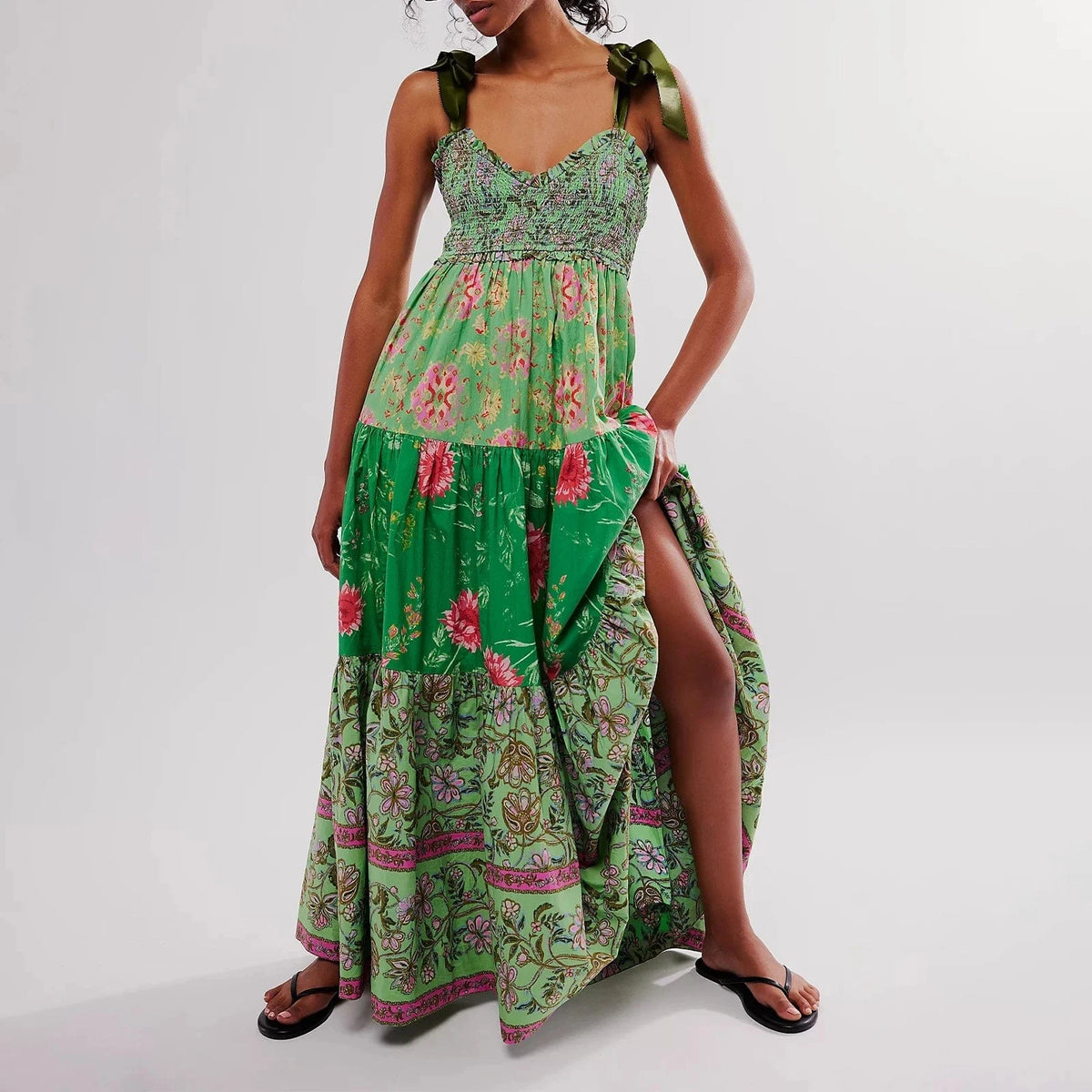 Boho Beach Hut Beach Dress, Chic Dress, Boho Dress, Summer Dress, Sun Dress, maxi dress, floral dress, sleeveless dress Vintage Floral Ribbon Tie Maxi Dress Green / S