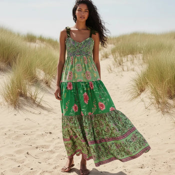 Boho Beach Hut Beach Dress, Chic Dress, Boho Dress, Summer Dress, Sun Dress, maxi dress, floral dress, sleeveless dress Vintage Floral Ribbon Tie Maxi Dress Green / S