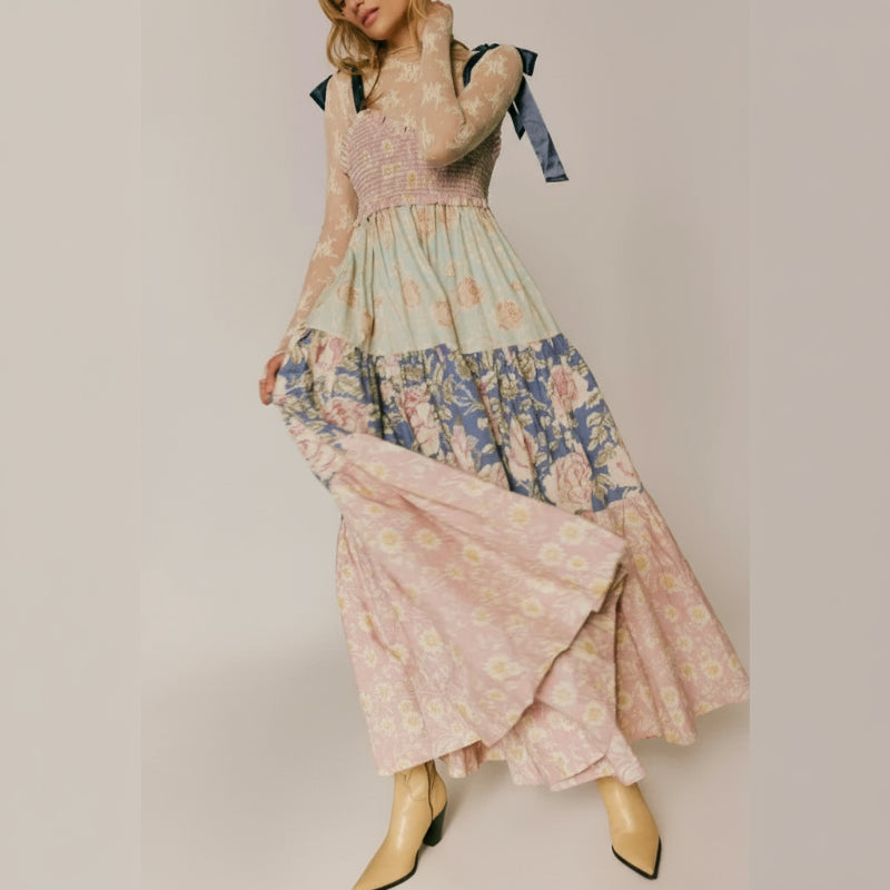 Boho Floral Maxi Dress – Vintage Ribbon Tie Summer A-Line Dress