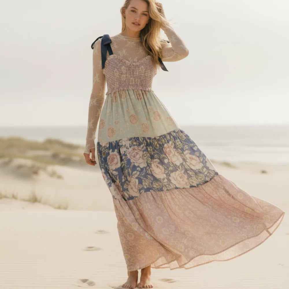 Maxi Dress Floral Vintage A-Line Ribbon Tie Pink