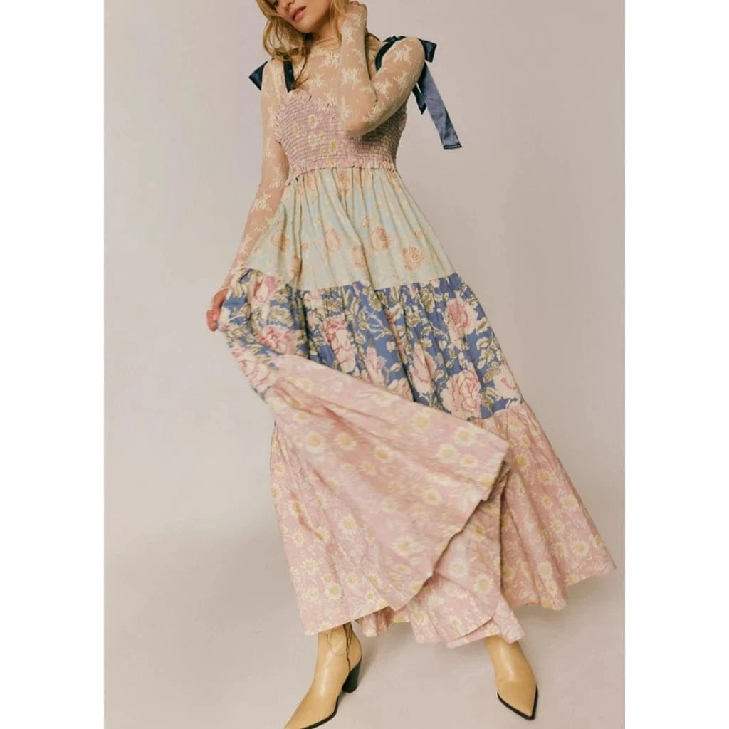 Boho Beach Hut Beach Dress, Chic Dress, Boho Dress, Summer Dress, Sun Dress, maxi dress, floral dress, sleeveless dress Vintage Floral Ribbon Tie Maxi Dress Light Pink / S