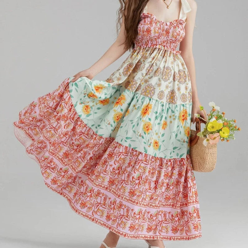 Boho Floral Maxi Dress – Vintage Ribbon Tie Summer A-Line Dress