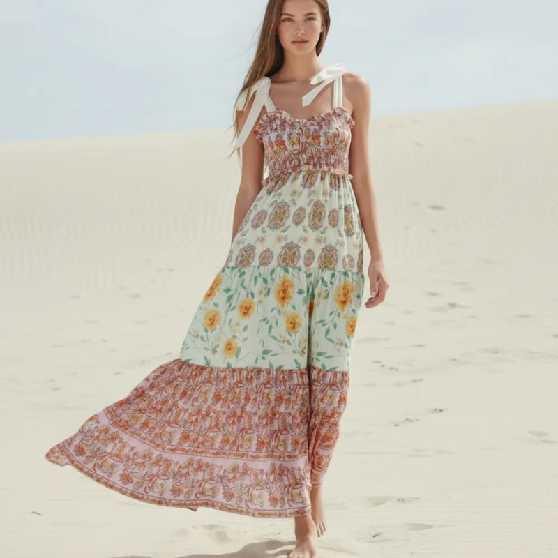 Boho Floral Maxi Dress – Vintage Ribbon Tie Summer A-Line Dress