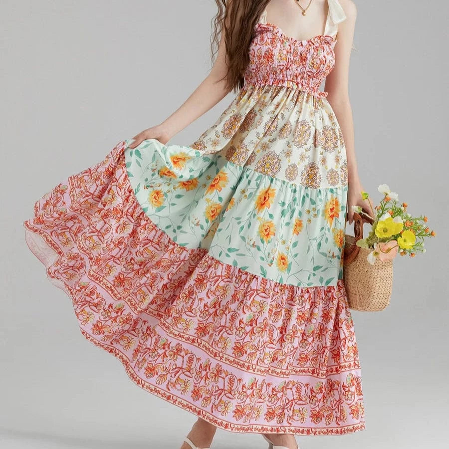 Boho Beach Hut Beach Dress, Chic Dress, Boho Dress, Summer Dress, Sun Dress, maxi dress, floral dress, sleeveless dress Vintage Floral Ribbon Tie Maxi Dress Pink / S