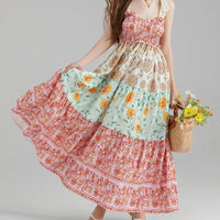 Boho Beach Hut Beach Dress, Chic Dress, Boho Dress, Summer Dress, Sun Dress, maxi dress, floral dress, sleeveless dress Vintage Floral Ribbon Tie Maxi Dress Pink / S