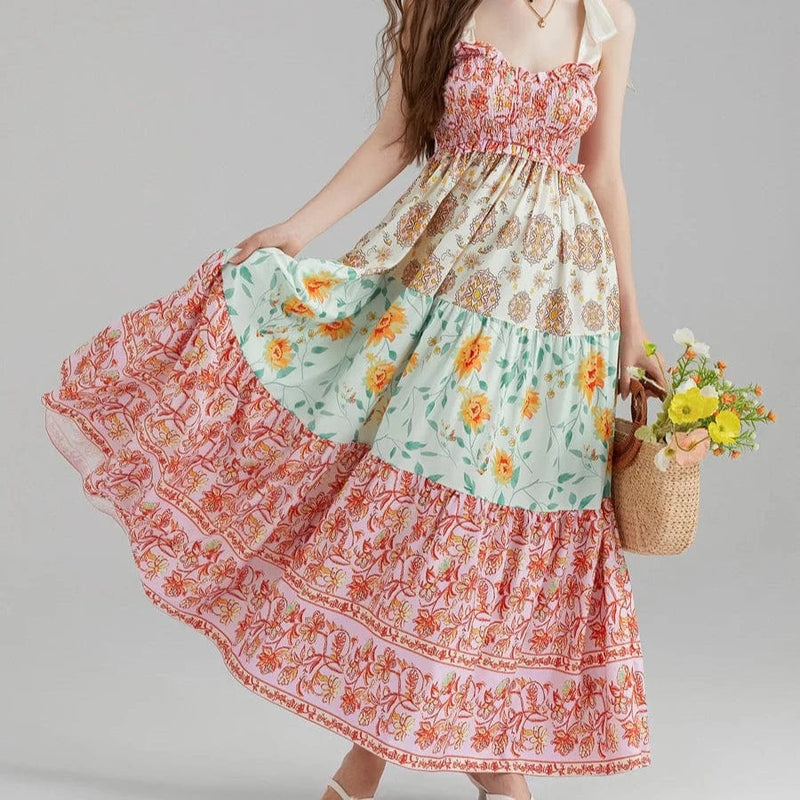 Boho Beach Hut Beach Dress, Chic Dress, Boho Dress, Summer Dress, Sun Dress, maxi dress, floral dress, sleeveless dress Vintage Floral Ribbon Tie Maxi Dress Pink / S