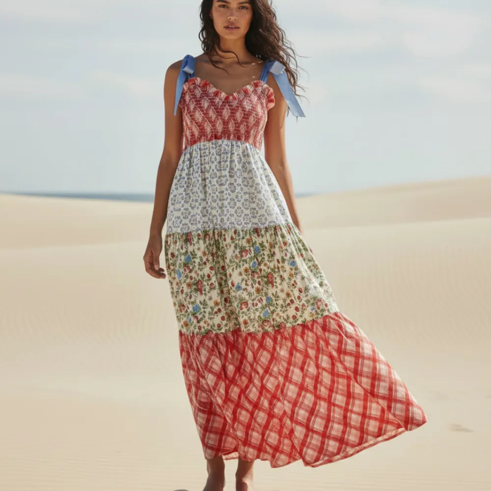 Boho Floral Maxi Dress – Vintage Ribbon Tie Summer A-Line Dress in Red | Women's Boho Fashion | L