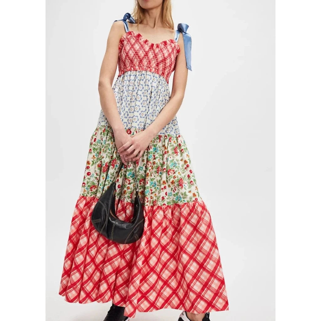 Boho Beach Hut Beach Dress, Chic Dress, Boho Dress, Summer Dress, Sun Dress, maxi dress, floral dress, sleeveless dress Vintage Floral Ribbon Tie Maxi Dress Red / S