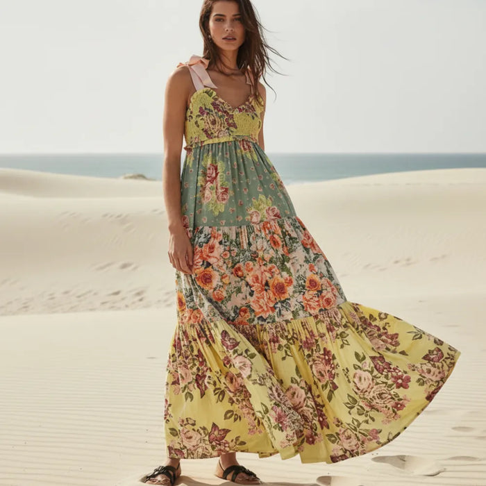 Yellow boho floral maxi dress with ribbon tie straps, stretch bodice and colorful tiered patchwork skirt
