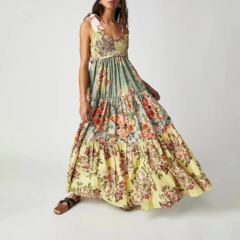 Boho Beach Hut Beach Dress, Chic Dress, Boho Dress, Summer Dress, Sun Dress, maxi dress, floral dress, sleeveless dress Vintage Floral Ribbon Tie Maxi Dress Yellow / S