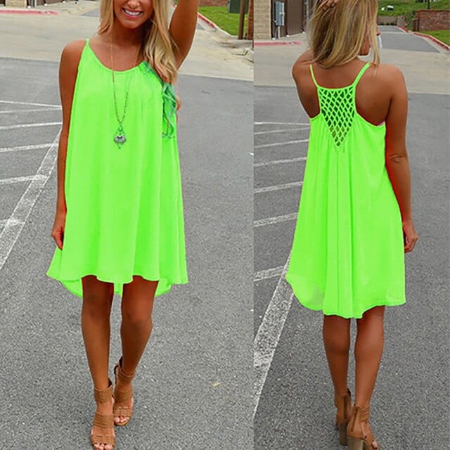 Boho Beach Hut Beach Dress, Chic Dress, Boho Dress, Summer Dress, Sun Dress, Mini Dress, white dress, black dress, blue dress, pink dress, orange dress, yellow, sleeveless dress, cover up, plus size dress Neon Green / S Sleeveless Summer Beach Dress