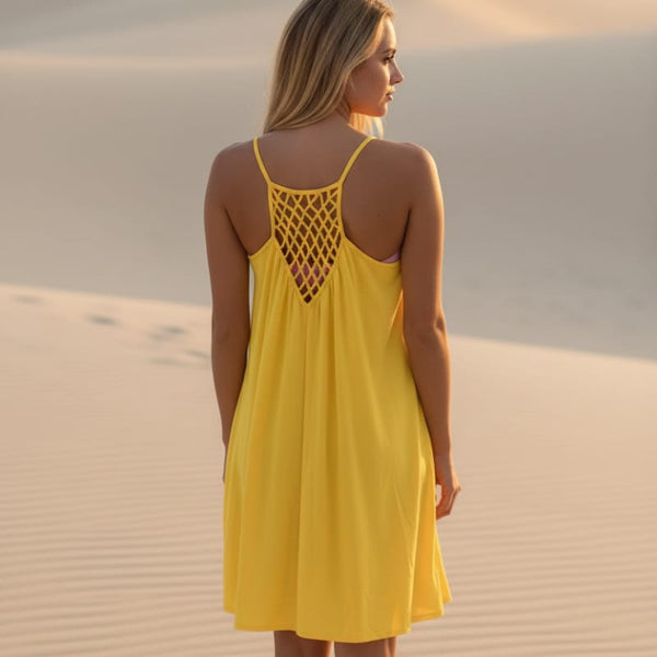 Boho Beach Hut Beach Dress, Chic Dress, Boho Dress, Summer Dress, Sun Dress, Mini Dress, white dress, black dress, blue dress, pink dress, orange dress, yellow, sleeveless dress, cover up, plus size dress Sleeveless Summer Beach Dress Yellow / S