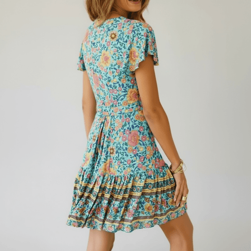 Boho Beach Hut Beach Dress, Chic Dress, Boho Dress, Summer Dress, Sun Dress, Mini Dress, wrap dress, floral dress, green dress, short sleeve dress, plus size dress Green Boho Floral Print Mini Dress