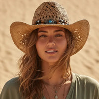 Camel beaded straw cowgirl hat with turquoise-colored beads and boho western woven cowboy design