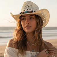 Off White beaded straw cowgirl hat with turquoise-colored beads and boho western woven cowboy design