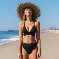 Boho Beach Hut Bikini, Swimsuit, Swimwear, 2 Piece Swimsuit Black / XS Sexy Black Strappy Mid Waist Bikini
