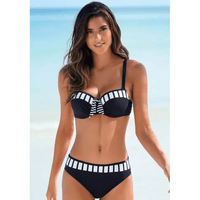Boho Beach Hut Bikini, Swimsuit, Swimwear, 2 Piece Swimsuit Boho Polka Dot & Stripe Bikini Set Black Stripes / S