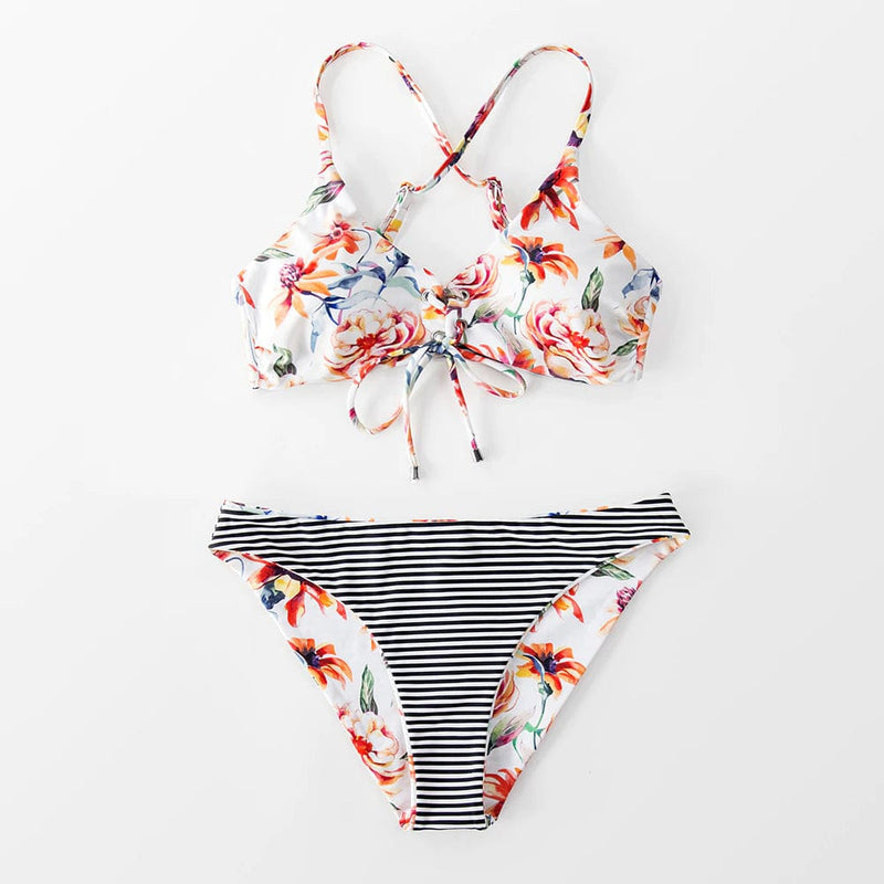Boho Beach Hut Bikini, Swimsuit, Swimwear, 2 Piece Swimsuit Boho Reversible Floral And Striped Bikini