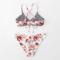 Boho Beach Hut Bikini, Swimsuit, Swimwear, 2 Piece Swimsuit Boho Reversible Floral And Striped Bikini