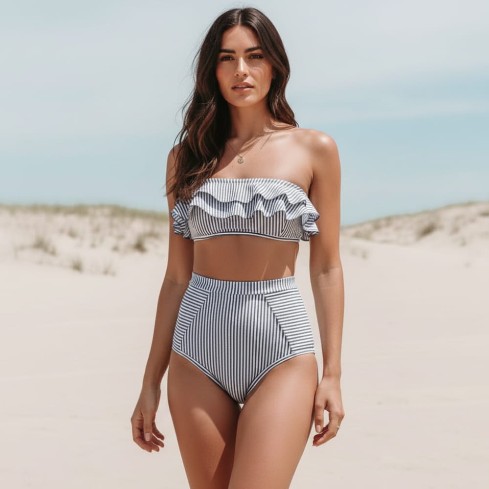 Boho Beach Hut Bikini, Swimsuit, Swimwear, 2 Piece Swimsuit Boho Striped Bandeau Bikini Set Black / S