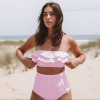 Boho Beach Hut Bikini, Swimsuit, Swimwear, 2 Piece Swimsuit Boho Striped Bandeau Bikini Set Pink / S