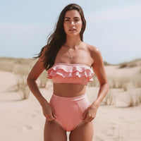 Boho Beach Hut Bikini, Swimsuit, Swimwear, 2 Piece Swimsuit Boho Striped Bandeau Bikini Set Red / S