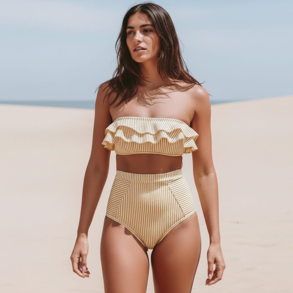 Boho Beach Hut Bikini, Swimsuit, Swimwear, 2 Piece Swimsuit Boho Striped Bandeau Bikini Set Yellow / S