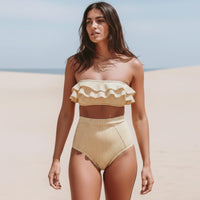 Boho Beach Hut Bikini, Swimsuit, Swimwear, 2 Piece Swimsuit Boho Striped Bandeau Bikini Set Yellow / S