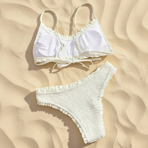 Boho Beach Hut Bikini, Swimsuit, Swimwear, 2 Piece Swimsuit Ruffle Trim Smocked Bikini Set