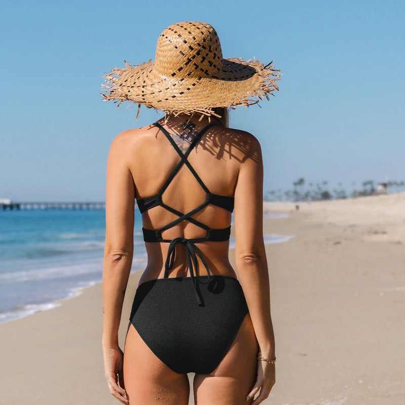 Boho Beach Hut Bikini, Swimsuit, Swimwear, 2 Piece Swimsuit Sexy Black Strappy Mid Waist Bikini