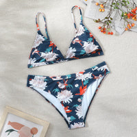 Boho Beach Hut Bikinis Set, Swimwear, Swimsuit, Bikini Blue / S White Floral High Waisted Boho Bikini Set