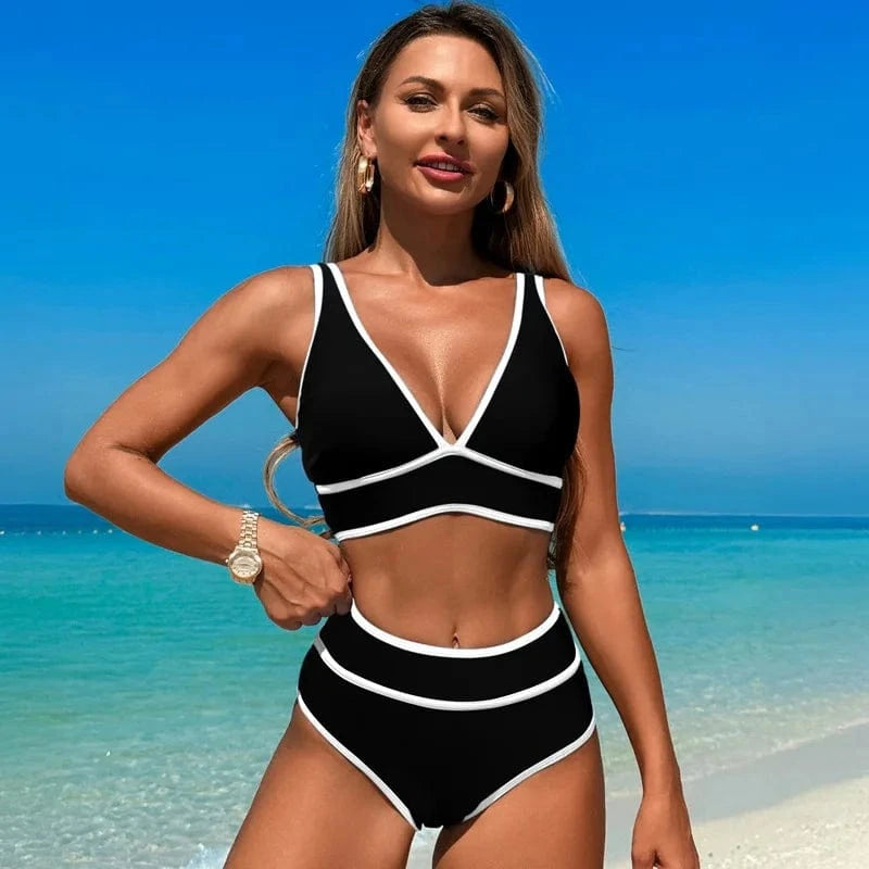 Boho Beach Hut Bikinis, Swimwear, Swimsuit Boho Floral High Waist Bikini Set Black / S