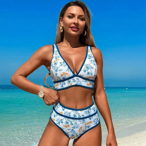 Boho Beach Hut Bikinis, Swimwear, Swimsuit Boho Floral High Waist Bikini Set Blue Floral / S