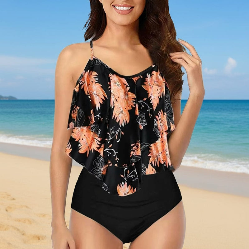 Boho Beach Hut Bikinis, Swimwear, Swimsuit Sexy Floral Ruffle Bikini Set Black Pink / S