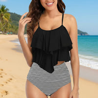Boho Beach Hut Bikinis, Swimwear, Swimsuit Sexy Floral Ruffle Bikini Set Black / S