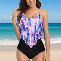 Boho Beach Hut Bikinis, Swimwear, Swimsuit Sexy Floral Ruffle Bikini Set Blue Pink / S