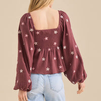 Boho Beach Hut Blouse, Long Sleeve Top Boho Floral Print Peplum Top