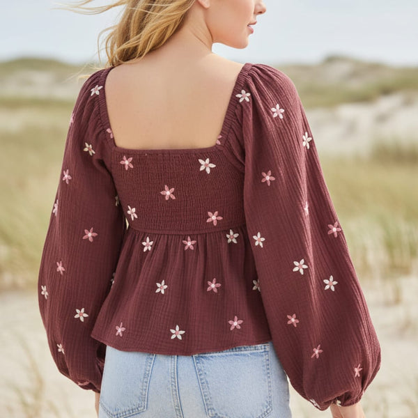 Boho Beach Hut Blouse, Long Sleeve Top Boho Floral Print Peplum Top