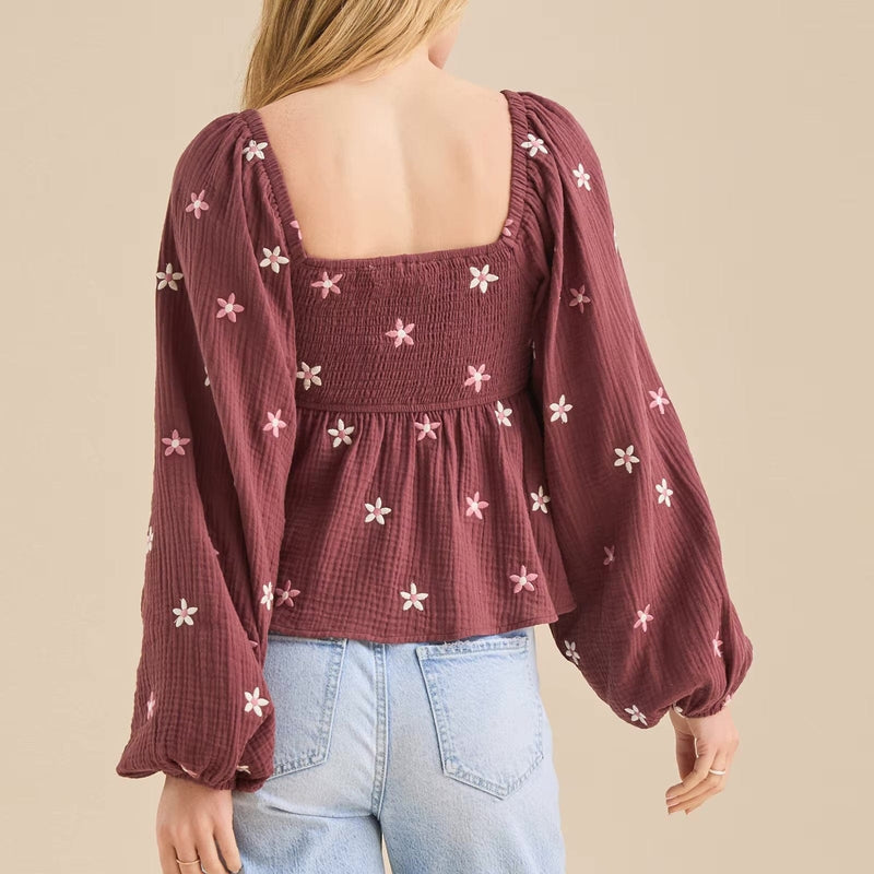 Boho Beach Hut Blouse, Long Sleeve Top Boho Floral Print Peplum Top