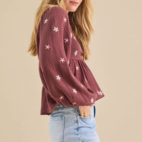 Boho Beach Hut Blouse, Long Sleeve Top Boho Floral Print Peplum Top