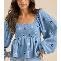 Boho Beach Hut Blouse, Long Sleeve Top Boho Floral Print Peplum Top Blue / S