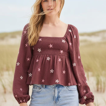 Boho Beach Hut Blouse, Long Sleeve Top Boho Floral Print Peplum Top Burgundy / S