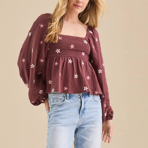 Boho Beach Hut Blouse, Long Sleeve Top Boho Floral Print Peplum Top Burgundy / S