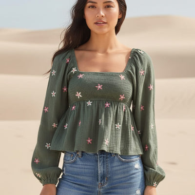 Boho Beach Hut Blouse, Long Sleeve Top Boho Floral Print Peplum Top Green / S