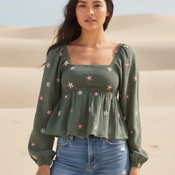 Boho Beach Hut Blouse, Long Sleeve Top Boho Floral Print Peplum Top Green / S
