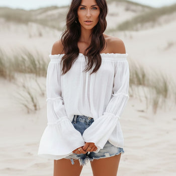 Boho Beach Hut Blouse, Off Shoulder Top, Long Sleeve Top White / S Sexy Off Shoulder Flare Long Sleeve Boho Top